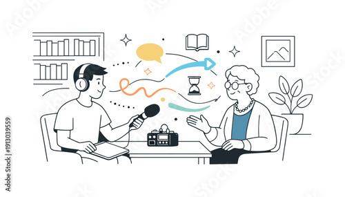    Inter  al archive project. Teens interviewing elders at a local library with recording equipment, abstract floating lines and shapes