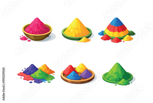   Indian holi. Isometric flat vector icons set of indian holi: traditional gulal powder pile, ritual color powder mound, bright holi pigment