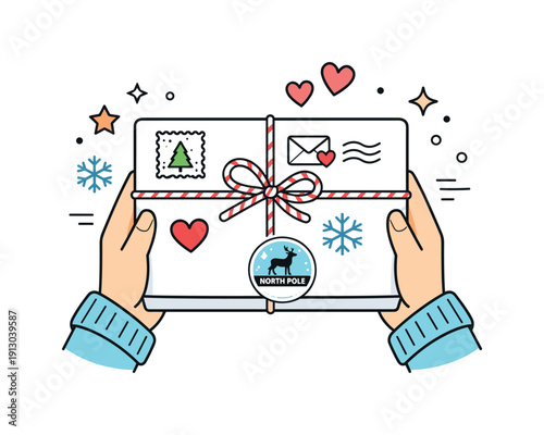 Seasonal mail moment. Person holding a parcel with holiday markings, sense of connection and care. Snowflakes, hearts, and simple stamps