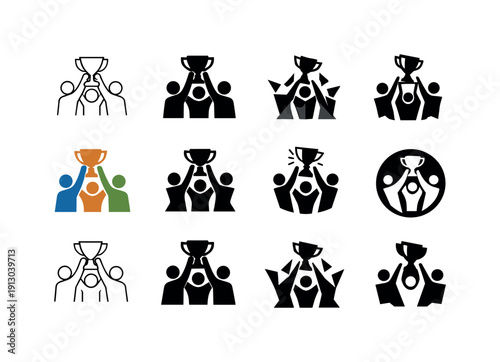   Team success. Icon set. Set Logo of team success: people raising trophy together. harmonious logo variations of the same emblematic concept,
