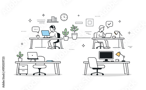    Empty desks hybrid office. A modern office with several clean, unoccupied desks spaced between a few active workstations. The scene conveys