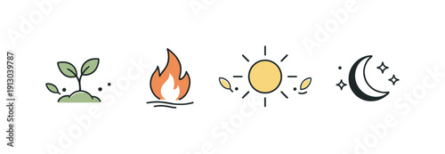    Seasonal ritual minimal symbols nature focus. Simple icons like a sprout, flame, sun, and moon placed calmly across the canvas. The scene