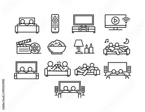 Watching TV Icons. Watching TV Together. Line icon set of Watching TV Together: people on couch facing TV, remote control, TV stand, streaming screen, movie