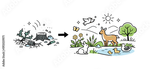 Restoring native habitats. Native plants and animals returning after invasive species removal, gentle and hopeful atmosphere. Visual metaphor