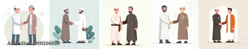 vector of a Muslim man shaking hands with another Muslim man