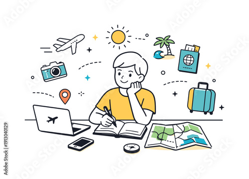 Summer travel planning. Person sitting at a desk with a laptop, map, and notebook, calmly organizing a trip. Sense of anticipation and focus