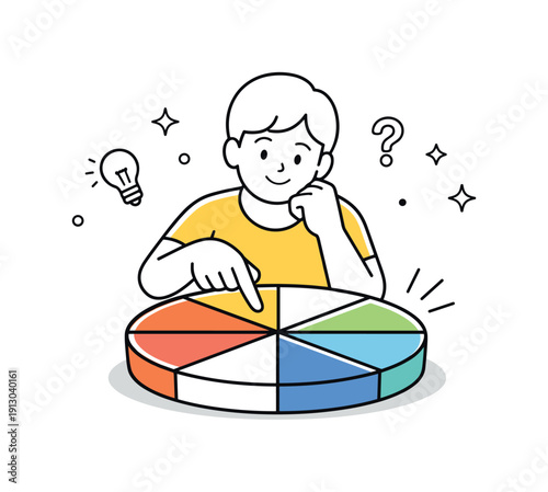 Choosing a pie slice. A person pointing at one slice among several, suggesting decision-making and anticipation. Clean shapes keep the scene