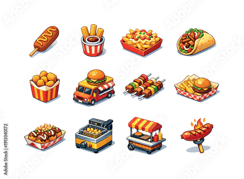 Street Food. Colorful isometric vector icons set of Street Food: corn dog, churros, loaded fries, gyros wrap, deep-fried snacks, food truck,