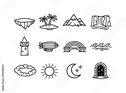   Fantasy island world. Line outline icon set of Fantasy island world: floating island, palm