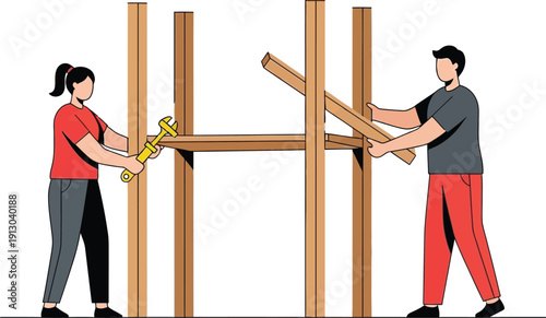 Man and woman are assembling a wooden structure together using tools for home improvement or construction.