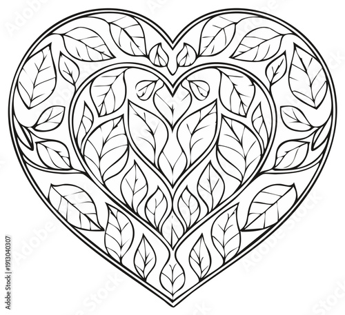 Intricate botanical heart with leaf patterns, an anti-stress coloring page illustration