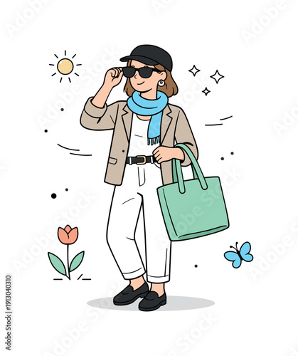 Modern spring wardrobe. A stylized person holds a tote bag and sunglasses, dressed in a balanced mix of light and structured pieces. The