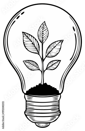 Lightbulb with growing plant and soil, symbolizing new ideas, growth, and eco-friendly innovation