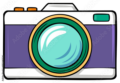 Colorful cartoon illustration of a vintage style digital camera with a large lens