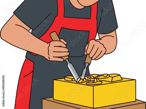 Artisan carefully carving intricate shapes into a large yellow block using two sharp metal chisels during production.