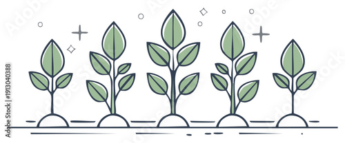 Stylized Illustration of Five Growing Plants in a Row