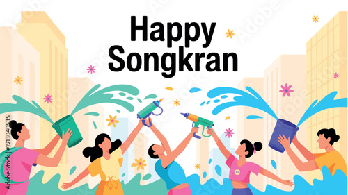 Happy Songkran Festival Greeting with Water Guns and Colorful Splash