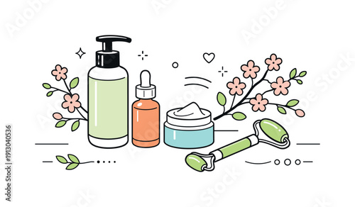    Spring wellness props. A simple still life of skincare bottles, face roller, and blooming branches, creating a feeling of renewal and gentle