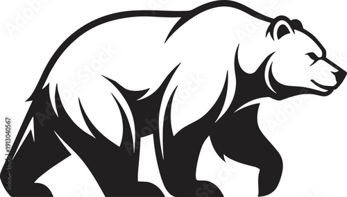Stylized walking bear illustration, bold black and white profile design, strong animal vector art, dynamic wildlife movement symbol