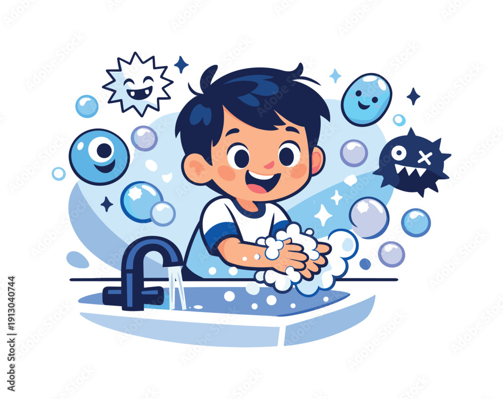 Fototapeta premium Healthy hygiene habits for children. Child happily washing hands at a sink, colorful soap