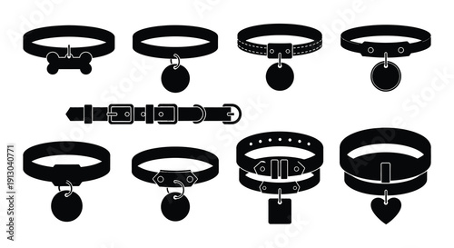 Black and white illustrations of dog collars with paw print and buckle details
