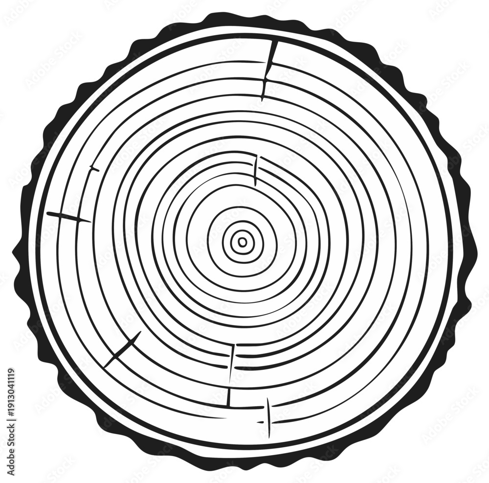 Fototapeta premium Black and white tree trunk cross section with detailed annual growth rings vector illustration
