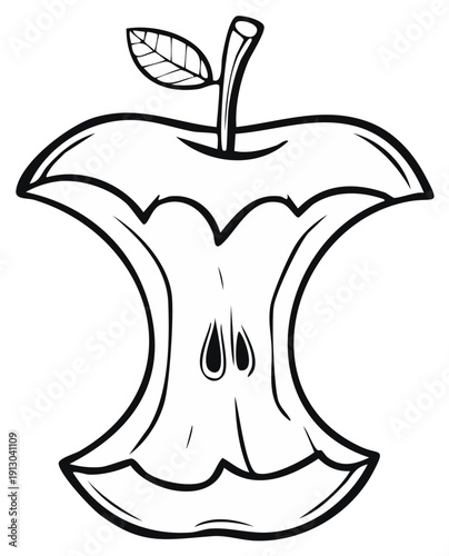 Black and white illustration of a bitten apple core with seeds and a stem