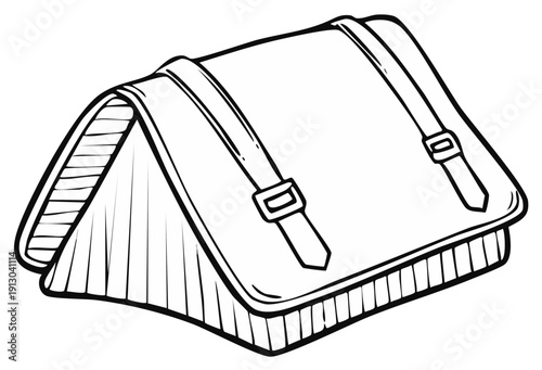 Hand-drawn illustration of a vintage satchel bag with buckles and straps