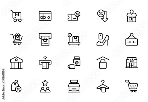 Retail Industry Line Icon Set – Modern Minimal Outline Icons Collection for Business, Commerce, Shopping and Sales, Professional Vector Illustration