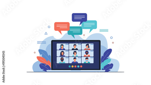 Modern laptop screen displaying a video conference with multiple participants and speech bubbles for online meetings and education.