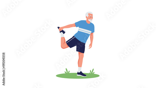 Active senior man in a blue shirt and shorts stretching his leg on green grass for a healthy lifestyle and fitness theme.