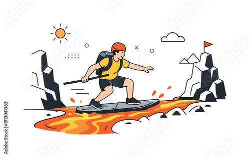 Unusual hobbies and extreme sports. Person practicing an uncommon sport on an abstract terrain, balanced posture and focused movement. Sense