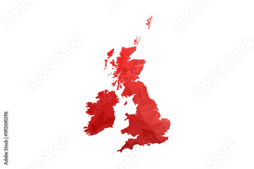 United Kingdom Map - Polygon Style Vector Illustration in Red Gradient, Low Poly Geometric Design, Isolated on White Background, Perfect for Infographics, Reports, and Educational Materials.
