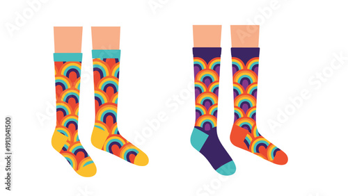 Two pairs of stylish socks with vibrant rainbow scale patterns in orange, red, purple, and blue colors for fashion apparel.