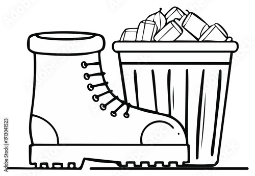 Boot stepping on a trash can, conceptual illustration