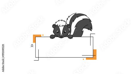 Friendly cartoon skunk peeking over a blank rectangular frame with orange decorative elements for custom text or messages.