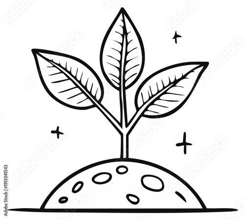 Doodle illustration of a young plant growing on a planet with stars