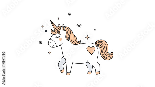 Magical unicorn character walking with a heart on its side and surrounded by sparkling stars in a whimsical illustration.