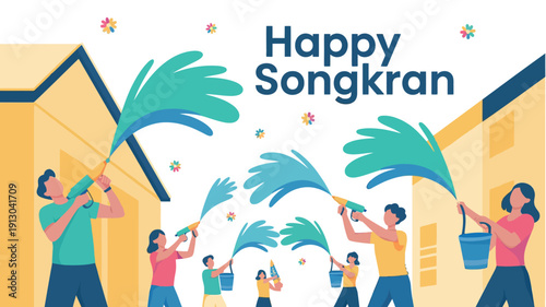 Happy Songkran Festival Greeting with Water Guns and Colorful Splash