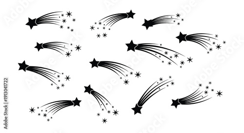 Black shooting stars with trails scattered across a white background