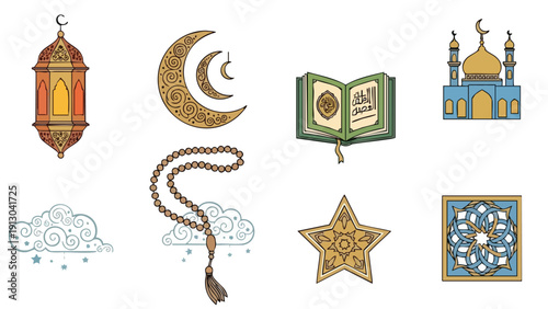 Flat lay of various Islamic symbols and icons on a white background, including a lantern, crescent moon, Quran, mosque, tasbih, star, and patterned tile.