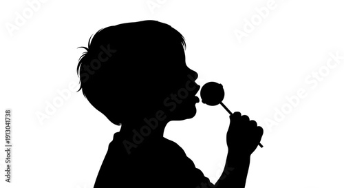 Silhouette of Child Eating Lollipop Profile.