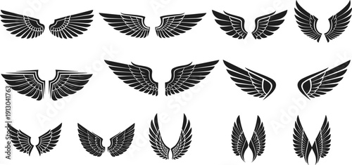 Stylized wing silhouettes collection with varied feather shapes, vector illustration for fantasy, tattoo art, decorative, creative design themes