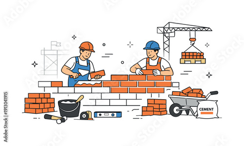 Bricklayers constructing buildings. A construction site scene with tools, bricks, and a rising wall in the background. The atmosphere feels