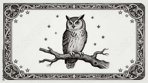 Starlit Owl on Branch: Vintage Black and White Engraved Art