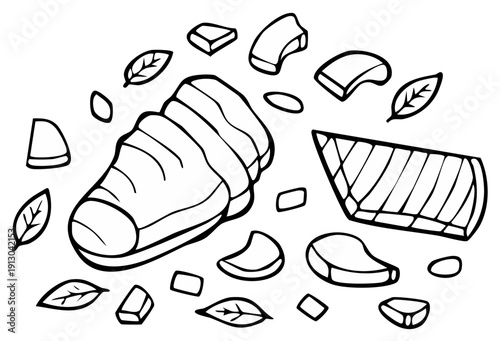 Ginger root slices and leaves hand-drawn illustration