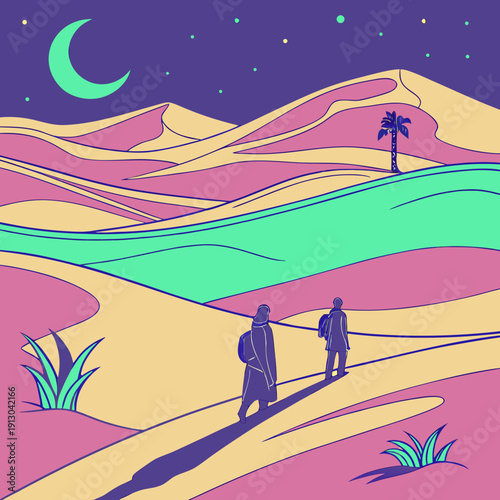 Dreamlike neon desert landscape at twilight with glowing cacti