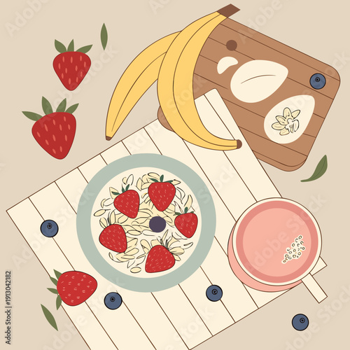Healthy Breakfast Flat Lay: Fruits, Oats, and Smoothie Bowl