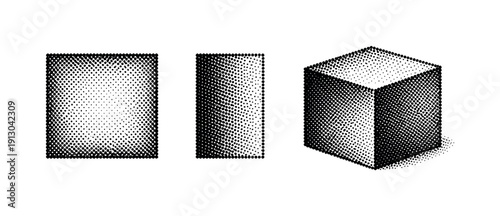   Black white dot vector cube. A precise cube vector object is presented in three views: straight-on front view, side view, and three-quarter