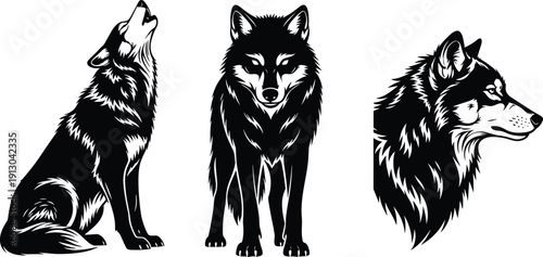 Stylized wolf illustrations, howling sitting wolf, strong standing posture, detailed fur texture, calm profile head design, wildlife vector art symbol